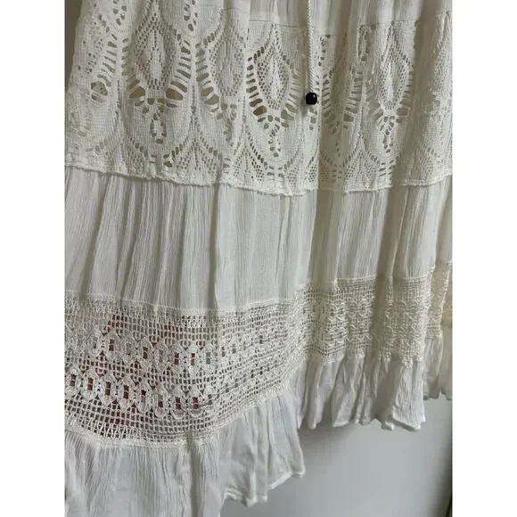 Magic Ivory Crochet Lace Tiered Boho Maxi Skirt M Whimsical Gypsy Fairy Cottage - Picture 3 of 8